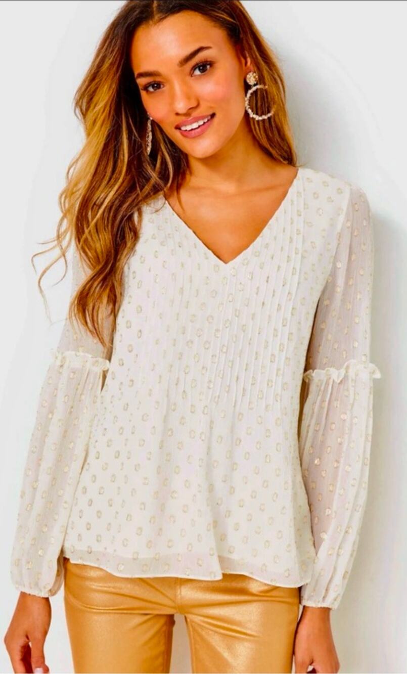 Lilly Pulitzer Ivory Gold Metallic Silk Relaxed Fit Blouse Pleated V-Neck Small